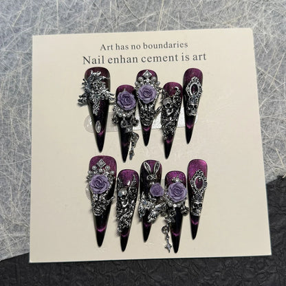 3D Handmade Long Coffin Stiletto Fake Nail Flowers Cat's Heart Diamond Metal Bow