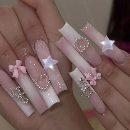 24Pcs Long Ballet False Nails Pink Butterfly with Rhinestones French Design Wearable Fake Nails Glitter Press on Nails Tips Art