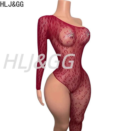 See Though Mesh Print Bodycon One Piece Jumpsuits