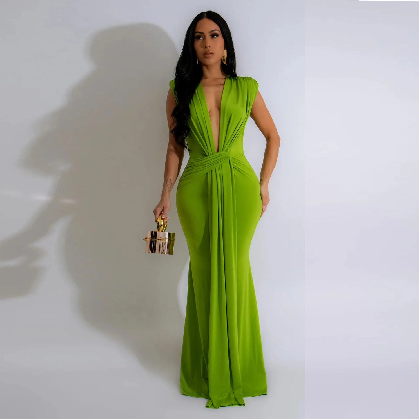 Shaniia Sleeveless Deep V Waist Stretch Elegant MIDI Long Evening Dress