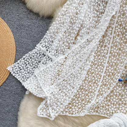 Halter Sleeveless Mini Camis + Hollow Out Cardigan + Elastic Waist Slim Skirt Vintage Swim Sets