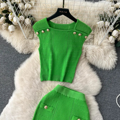 Knitted 2 Pcs. Buttons Crop Top Tanks + Slit Midi Skirt Set