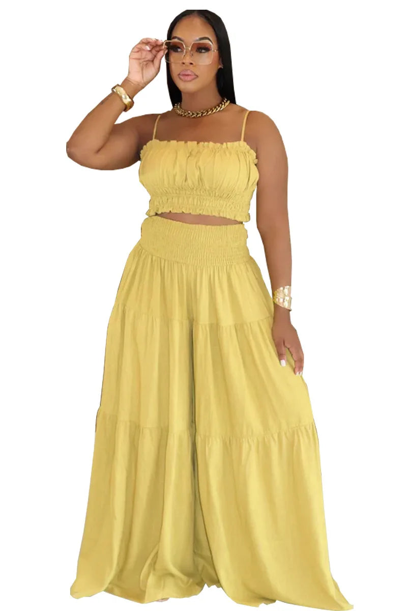 Solid Color Spaghetti Strap Tube Top + Wide Leg Pants