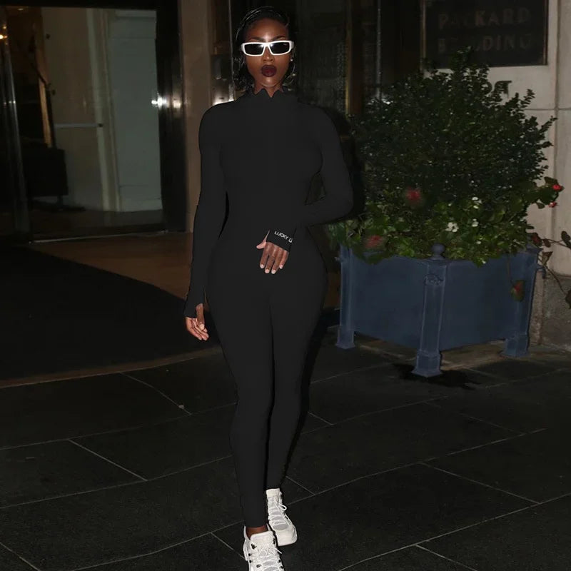 Zipper Jumpsuit Women Embroidery Letter Print Workout Sportswear Female Outfit Skinny Solid Turtleneck Streetwear