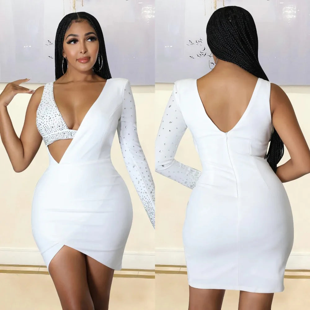 Quita Rhinestone One Shoulder Bodycon V Neck Mini Dresses Luxury Diamond