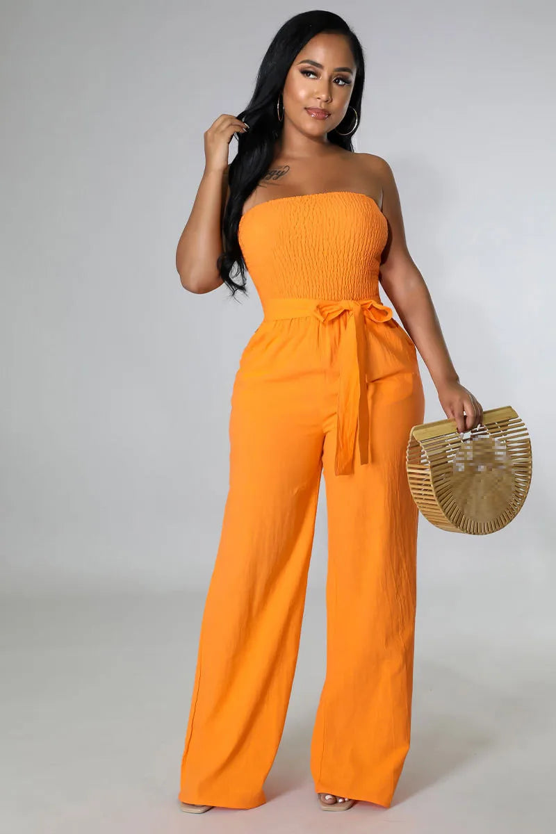 Casual Sleeveless Straight Belted Jumpsuits