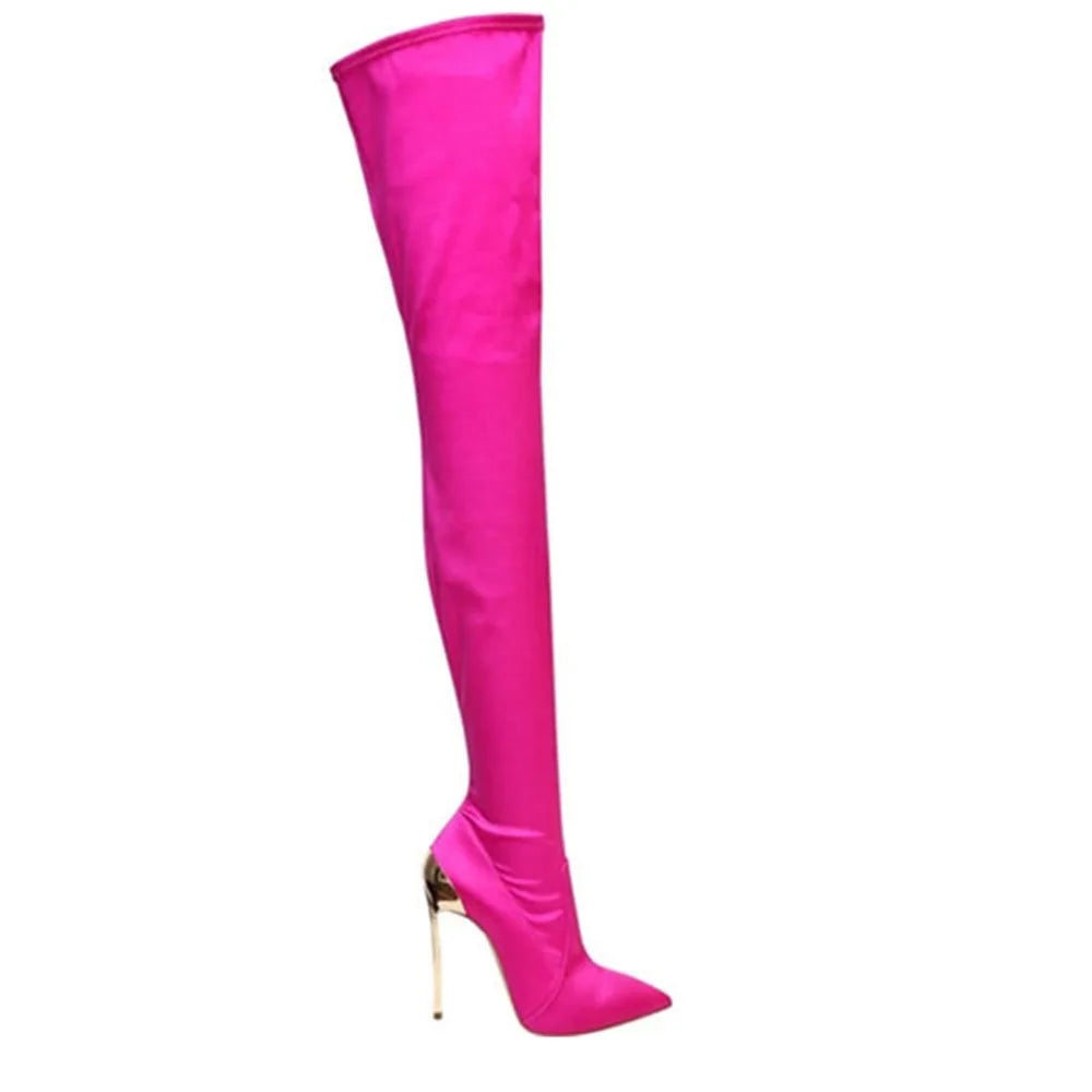 Aubrey Stretch Fabric Metal Thin Heels Over the Knee ee Boots