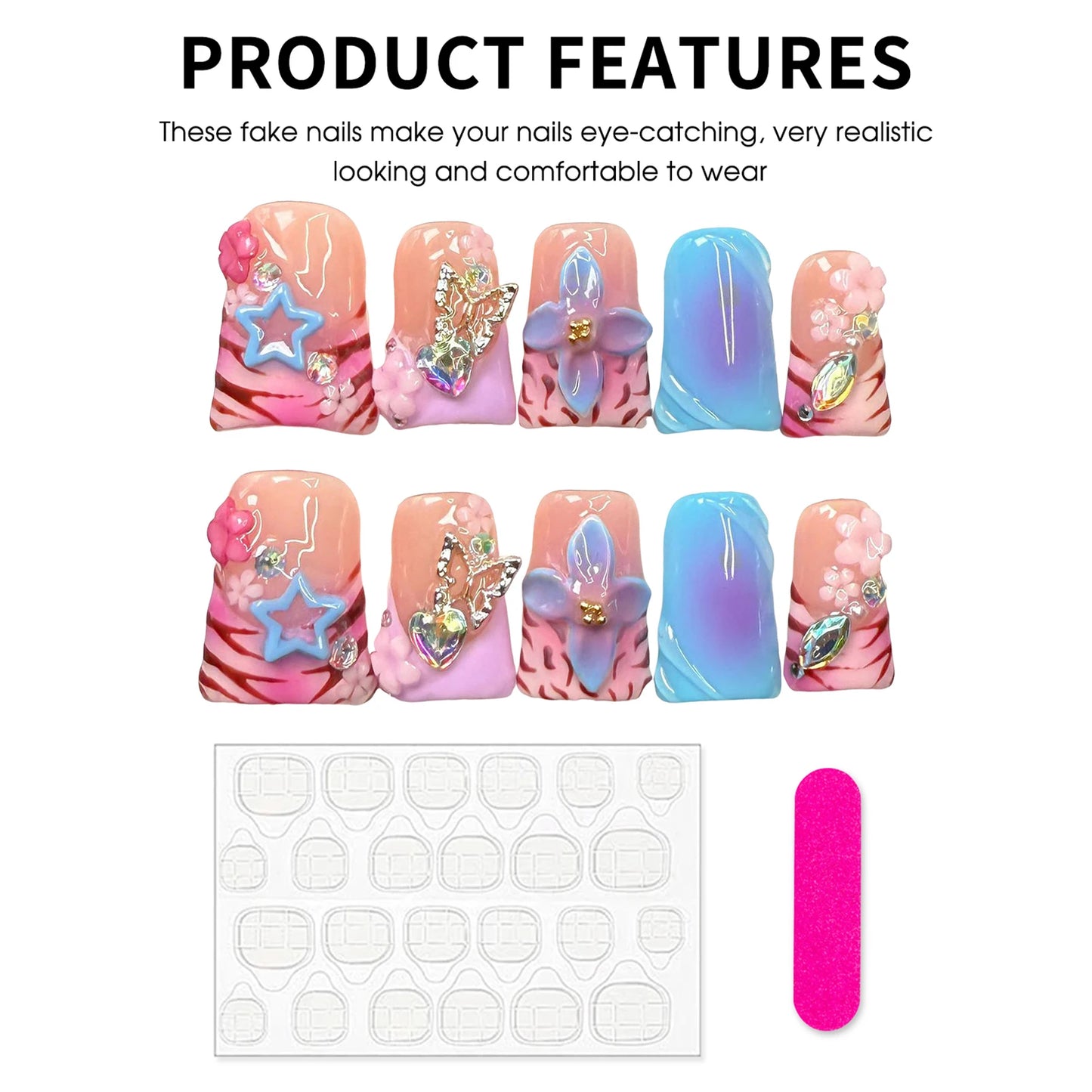 10pcs Handmade Fake Nails Duckbill Shaped Press On Nails Colorful Leopard-print French False Nails With 3D Carved Flower Designs