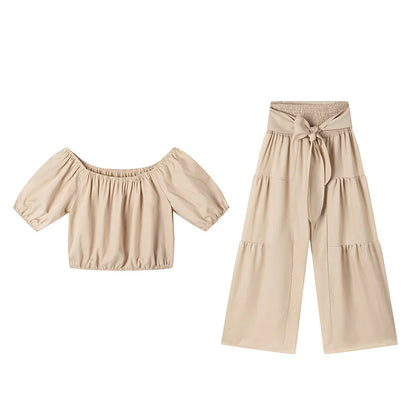 Puff Sleeve O Neck Tops + High Waist Wide Leg Pants (2 Pcs.)