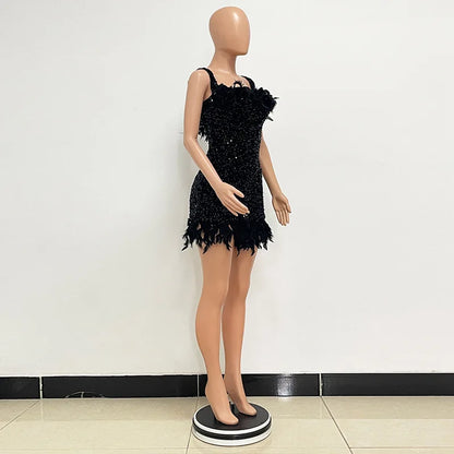 Short Sequins Halter Feathers Spicy Dresses