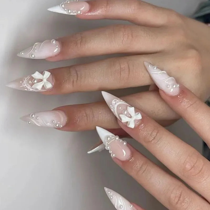 24Pc Long Stiletto Press on Nails Cherry Pink French False Nails with 3D Bow Pearls Design Detachable Acrylic Fake Nail Art Tips
