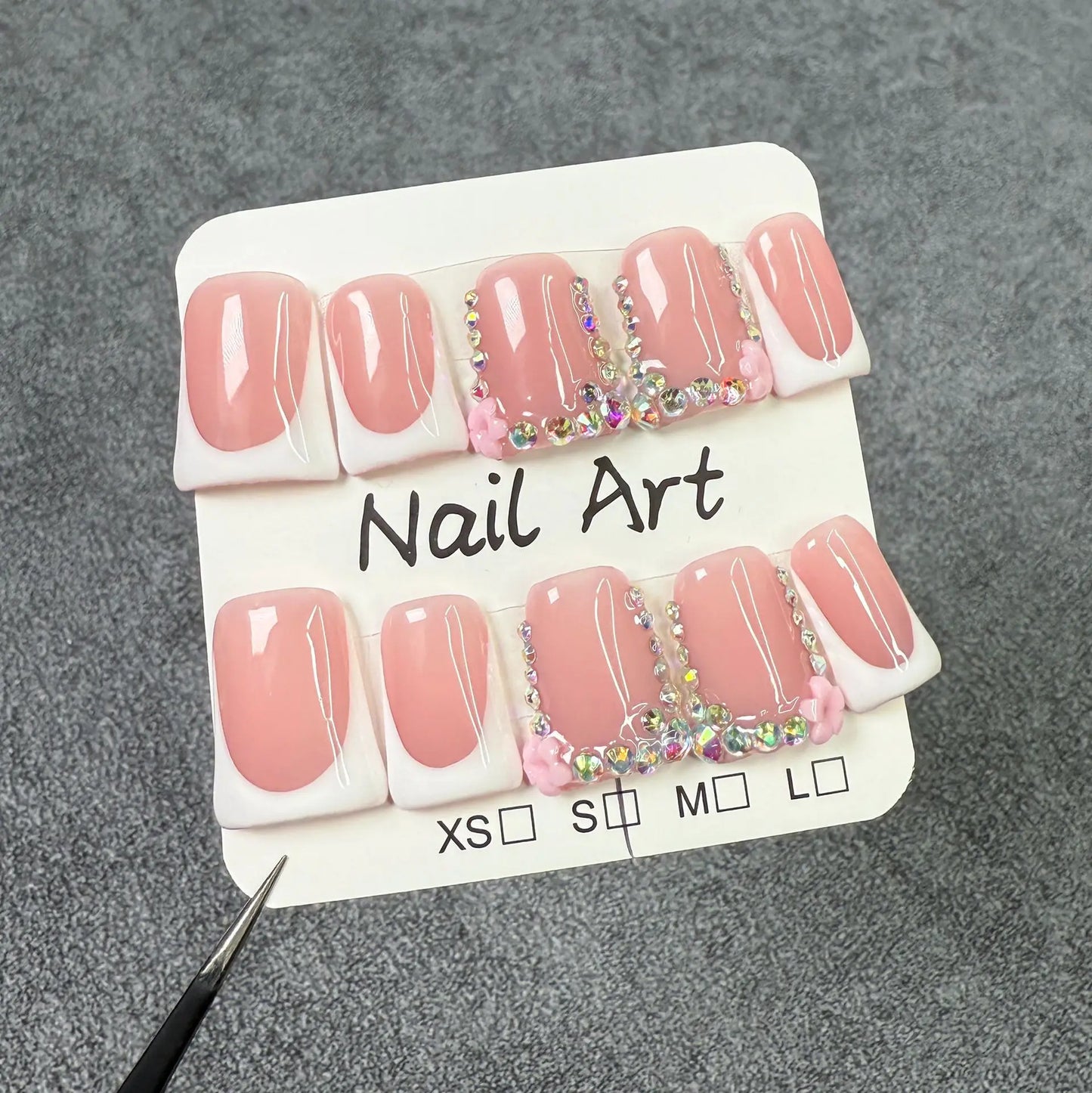 10pcs Short Duckbill Handmade Fake Nails Art Simple Black French False Nail with Diamond Tips Design Press on Nails Set Finished