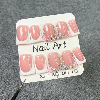 10pcs Short Duckbill Handmade Fake Nails Art Simple Black French False Nail with Diamond Tips Design Press on Nails Set Finished