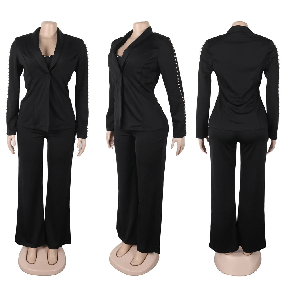 Elegant Long Sleeve Blazer Office Wear Ladies 3 Piece Pant Suit