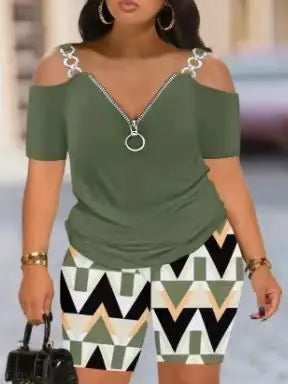 Metal Chain Off Shoulder Strap Tshirt + Short Sets