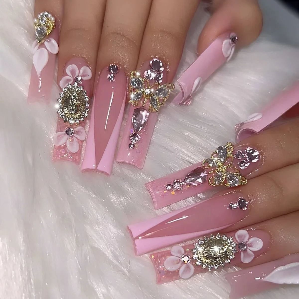 24Pcs Pink Butterfly Design False Nails Extra Long Coffin Fake Nails Wearable French Ballet Press on Nails Full Cover Nail Tips