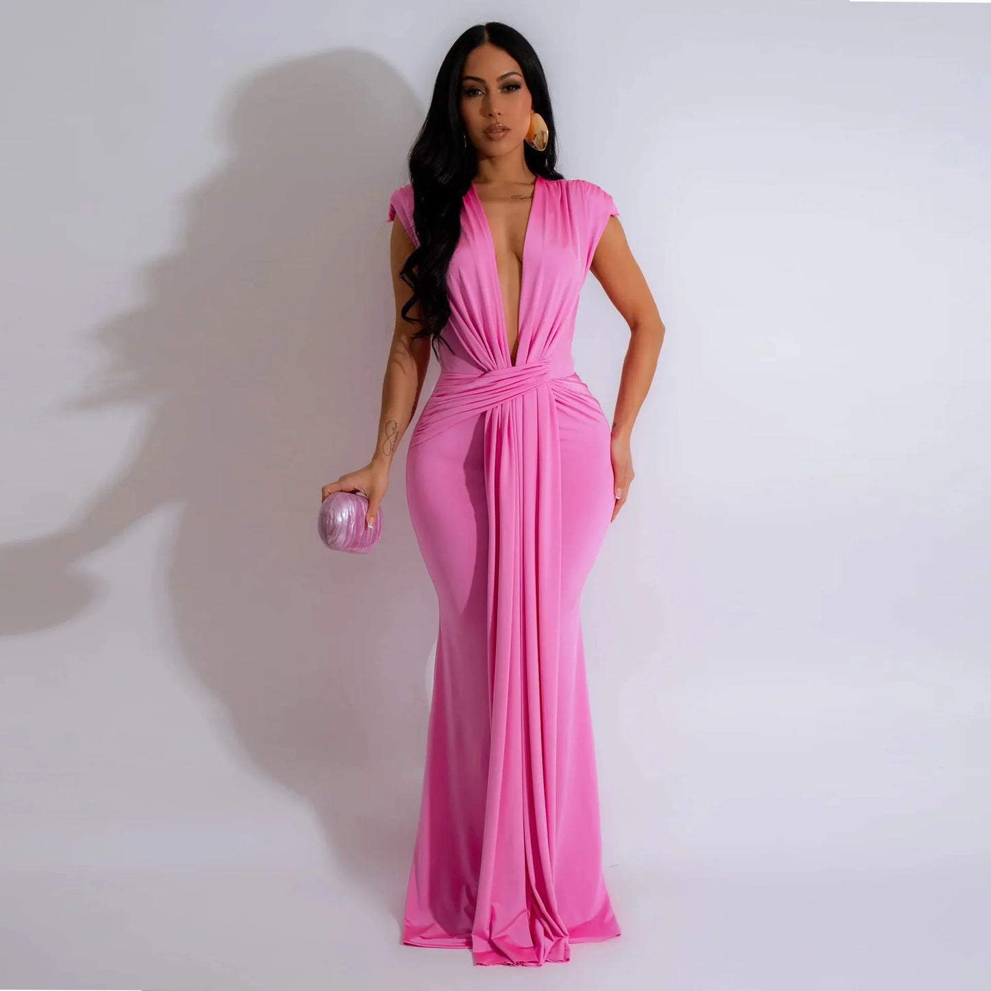 Shaniia Sleeveless Deep V Waist Stretch Elegant MIDI Long Evening Dress