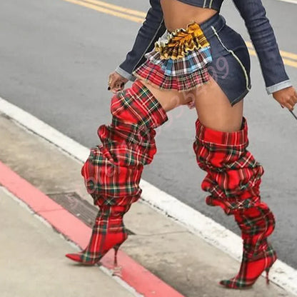 Plaid Over Knee Pointed Model Catwalk Stilettos Boots