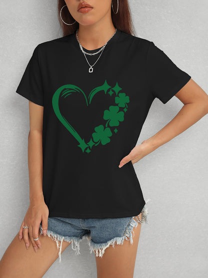 Heart Lucky Clover Round Neck Short Sleeve T-Shirt - Fashion Finder Hub