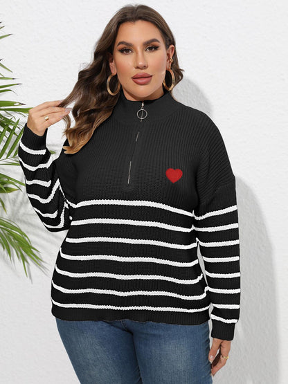 Plus Size Zip-Up Striped Sweater - Fashion Finder Hub