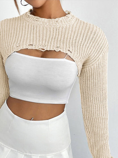 Distressed Long Sleeve Cropped Sweater - Fashion Finder Hub