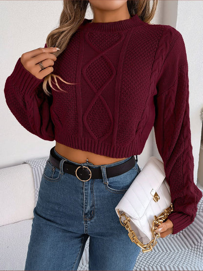 Cable-Knit Round Neck Cropped Sweater - Fashion Finder Hub