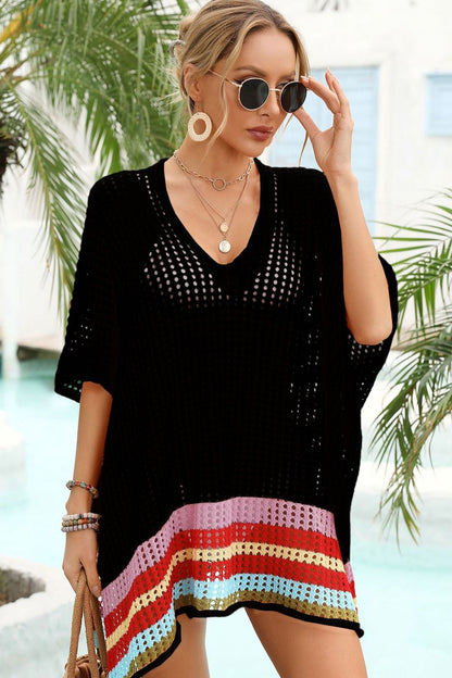 Rainbow Stripe Openwork Slit Cover-Up - Fashion Finder Hub