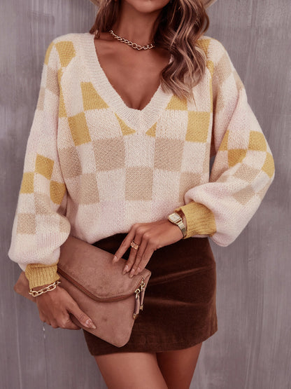 Checkered V-Neck Lantern Sleeve Sweater - Fashion Finder Hub