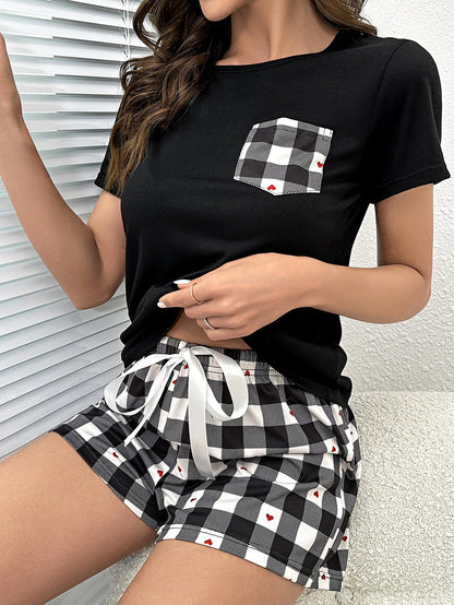 Plaid Heart Top and Shorts Lounge Set - Fashion Finder Hub