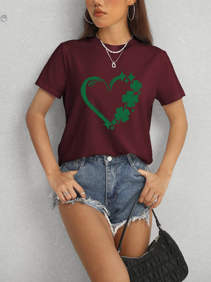 Heart Lucky Clover Round Neck Short Sleeve T-Shirt - Fashion Finder Hub
