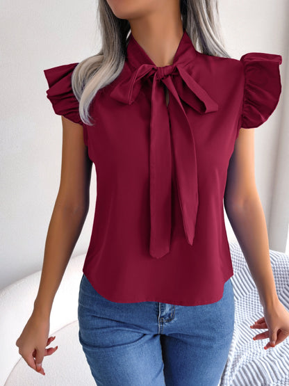 Tie  Neck Cap Sleeve Blouse - Fashion Finder Hub