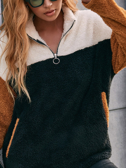 Color Block Quarter Zip Dropped Shoulder Sweatshirt - Fashion Finder Hub
