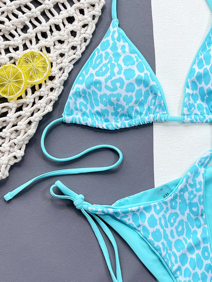 Leopard Print Halter Neck Tie Side Bikini Set - Fashion Finder Hub