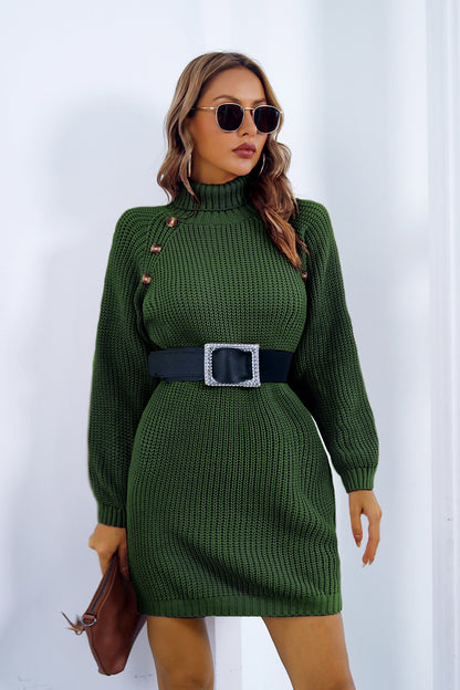 Buttoned Turtleneck Long Sleeve Sweater Dress - Fashion Finder Hub