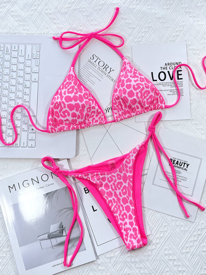 Leopard Print Halter Neck Tie Side Bikini Set - Fashion Finder Hub