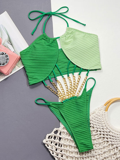 Contrast Halter Neck Chain Detail One-Piece Swimsuit - Fashion Finder Hub
