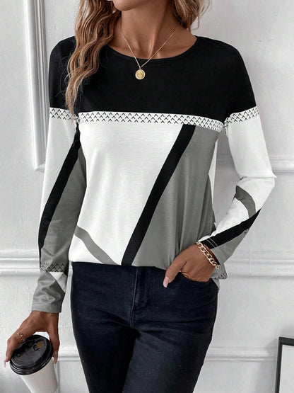 Contrast Round Neck Long Sleeve T-Shirt - Fashion Finder Hub