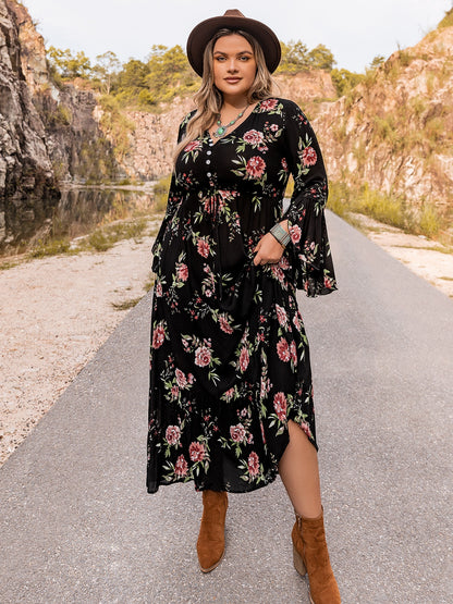Plus Size Floral Flare Sleeve Dress - Fashion Finder Hub
