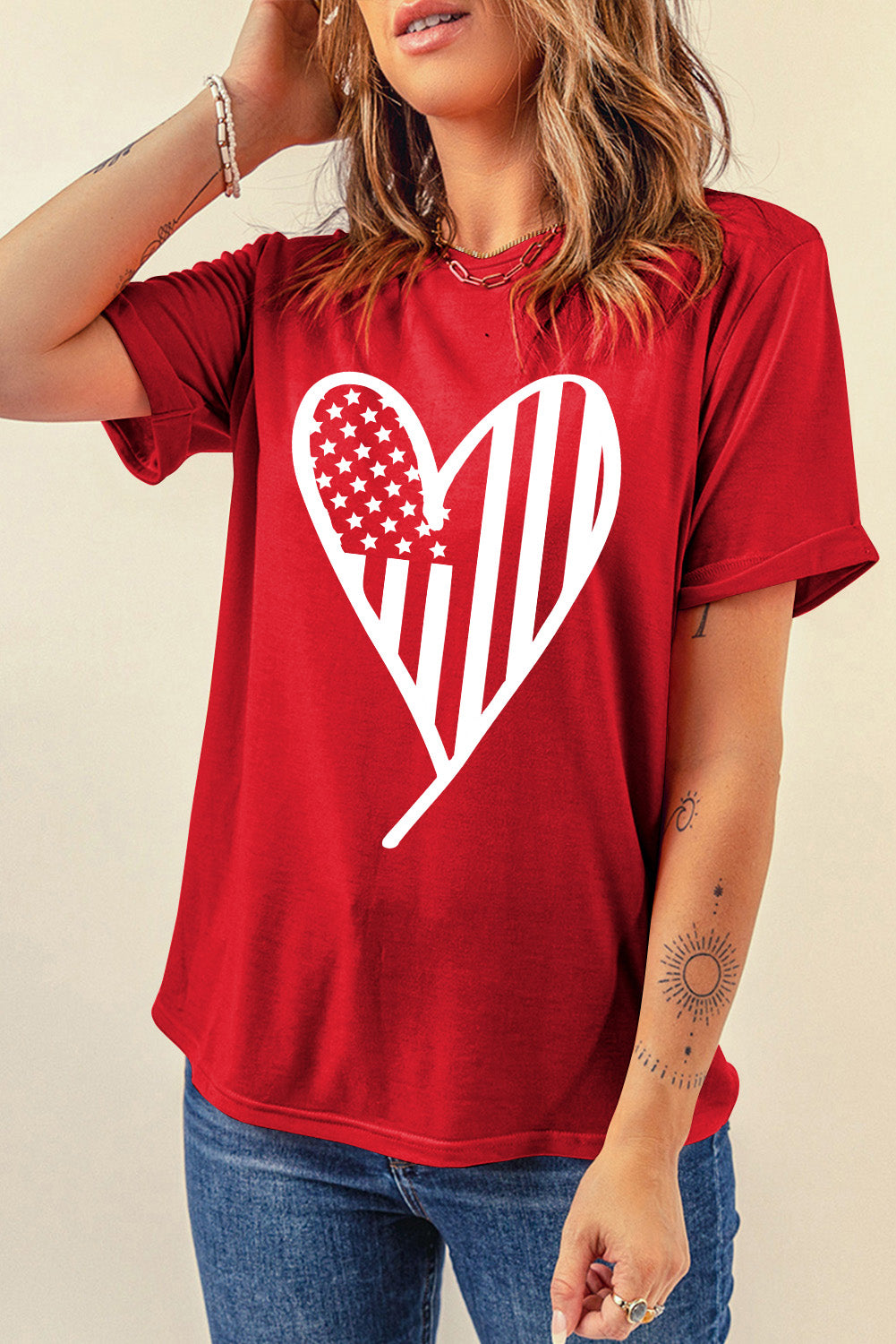 Heart Round Neck Short Sleeve T-Shirt - Fashion Finder Hub