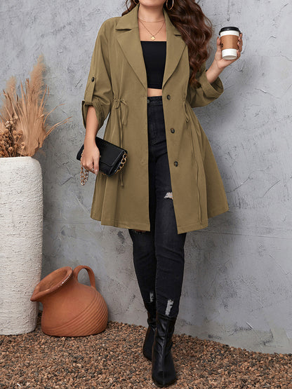 Plus Size Lapel Collar Drawstring Roll-Tab Sleeve Trench Coat - Fashion Finder Hub