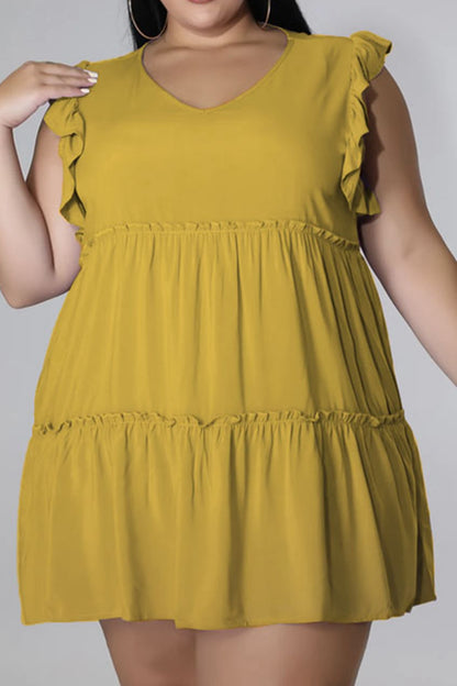 Plus Size V-Neck Frill Trim Mini Dress - Fashion Finder Hub