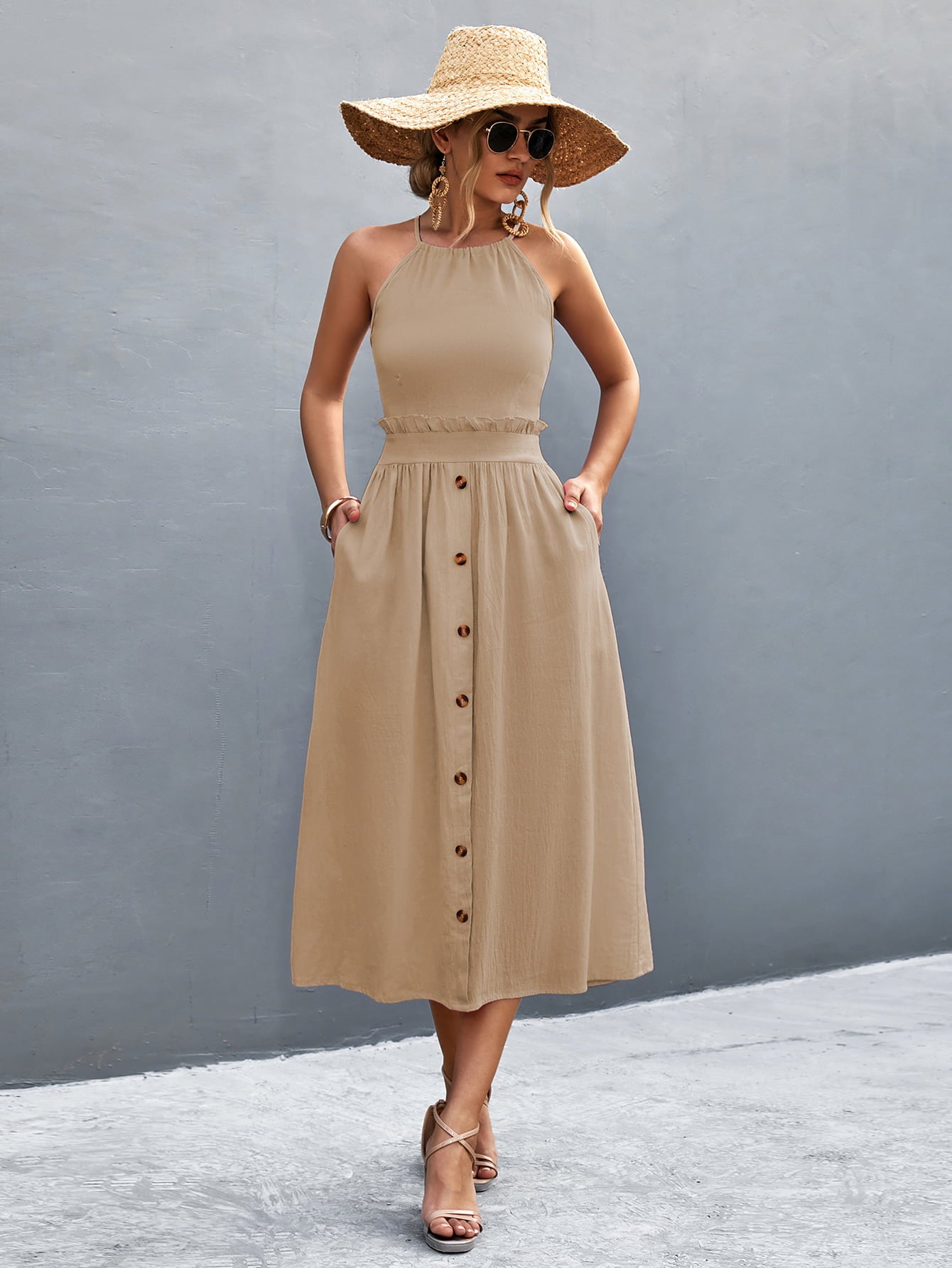 Buttoned Halter Neck Frill Trim Midi Dress - Fashion Finder Hub