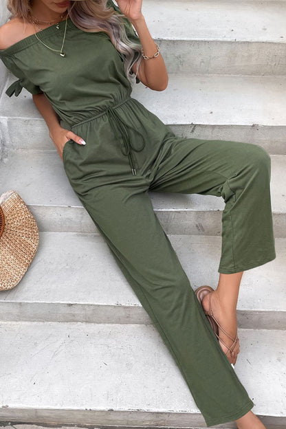 Off-Shoulder Tie Cuff Jumpsuit with Pockets - Fashion Finder Hub