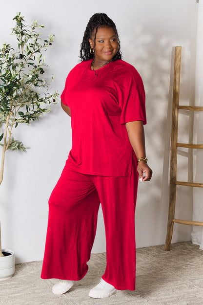 Double Take Full Size Round Neck Slit Top and Pants Set - Fashion Finder Hub