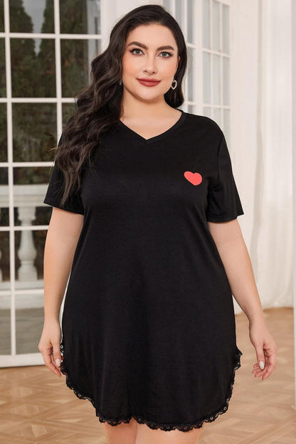 Plus Size Lace Trim V-Neck Short Sleeve Night Dress - Fashion Finder Hub
