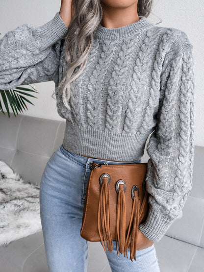 Cable-Knit Round Neck Sweater - Fashion Finder Hub
