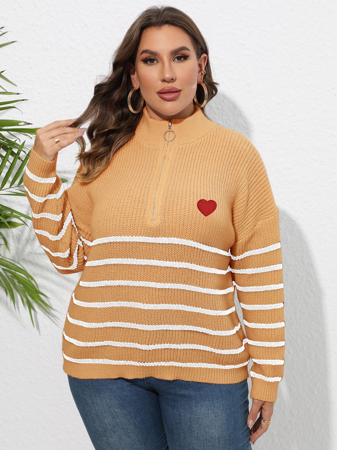 Plus Size Zip-Up Striped Sweater