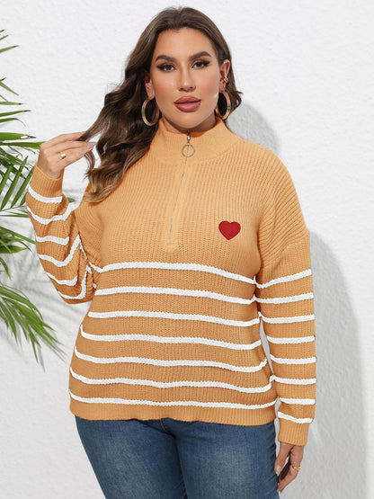 Plus Size Zip-Up Striped Sweater - Fashion Finder Hub