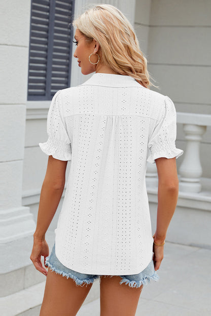 Eyelet Johnny Collar Short Sleeve Blouse - Fashion Finder Hub