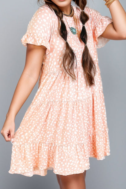 Plus Size Printed Round Neck Flounce Sleeve Mini Dress - Fashion Finder Hub